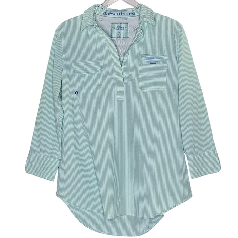 Vineyard Vines Harbor Seersucker Aqua Gingham Shirt Swim Cover Up 10 M